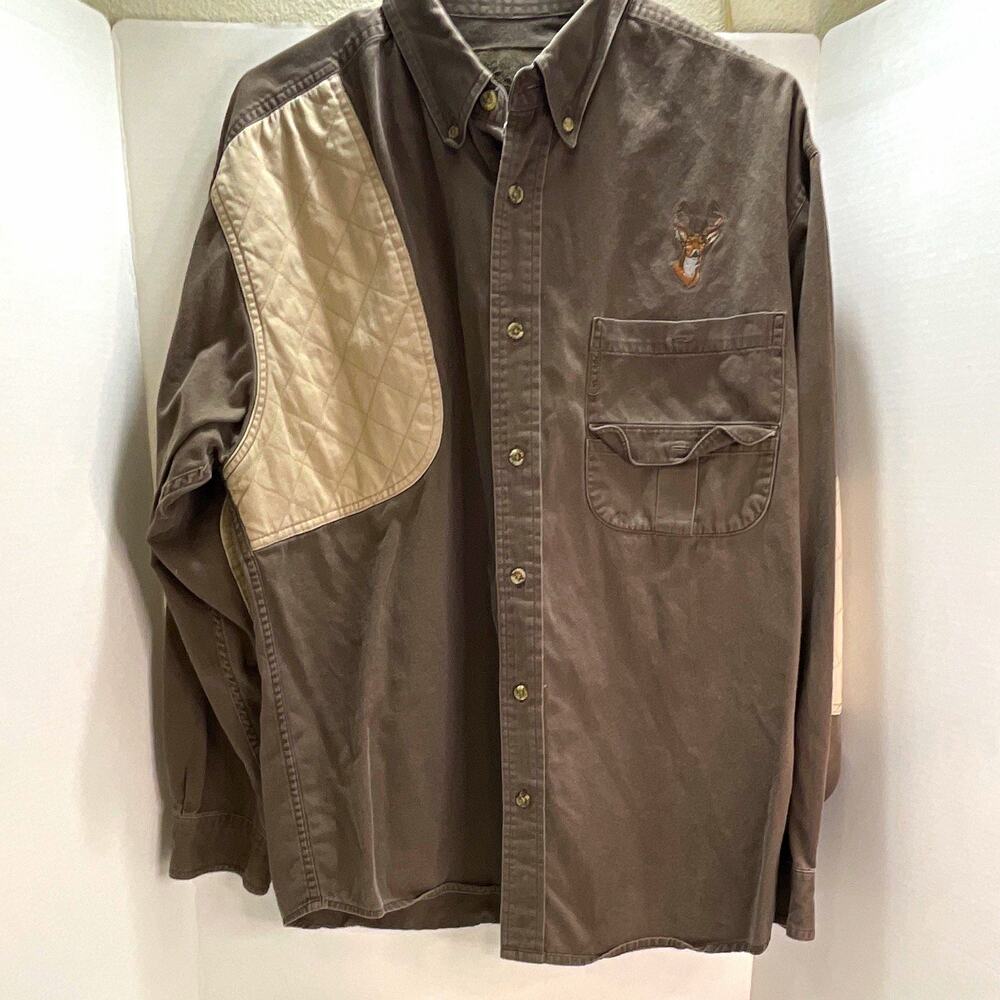 magellan Men’s L Brown Solid Cotton Button-Up Deer Embroidery Pockets